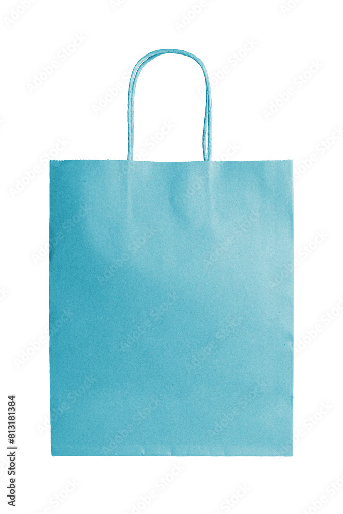 Blank blue craft paper bag packaging isolated on white, transparent background. Eco friendly shopping bag made from recycled paper, ecology, recycling concept. Mockup, template, copy space Blank blue craft paper bag packaging isolated on white, transparent background. Eco friendly shopping bag made from recycled paper, ecology, recycling concept. Mockup, template, copy space