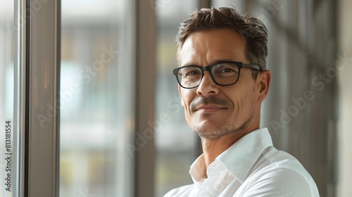 Handsome 45 years old gentle brown hair hispanic man, wearing glasses, formal slick hairstyle, smooth face in a modern office building, wearing white shirt, beside a huge window