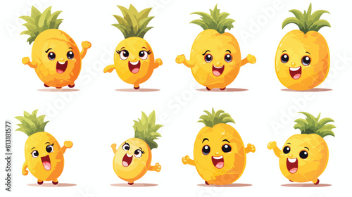 Set of cute and funny pineapple characters with hap
