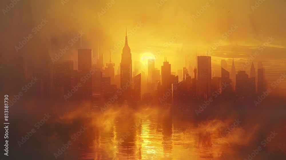 city skyline silhouetted against the golden hues of the setting sun. urban energy and dynamism of the scene