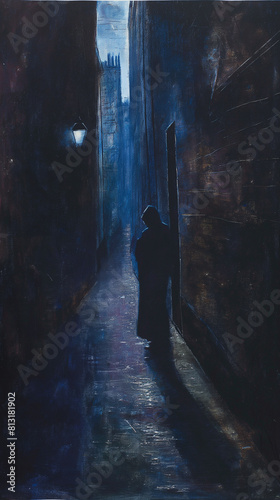Mysterious Cloaked Figure Walking in a Dark Narrow Alley with a Distant Cathedral