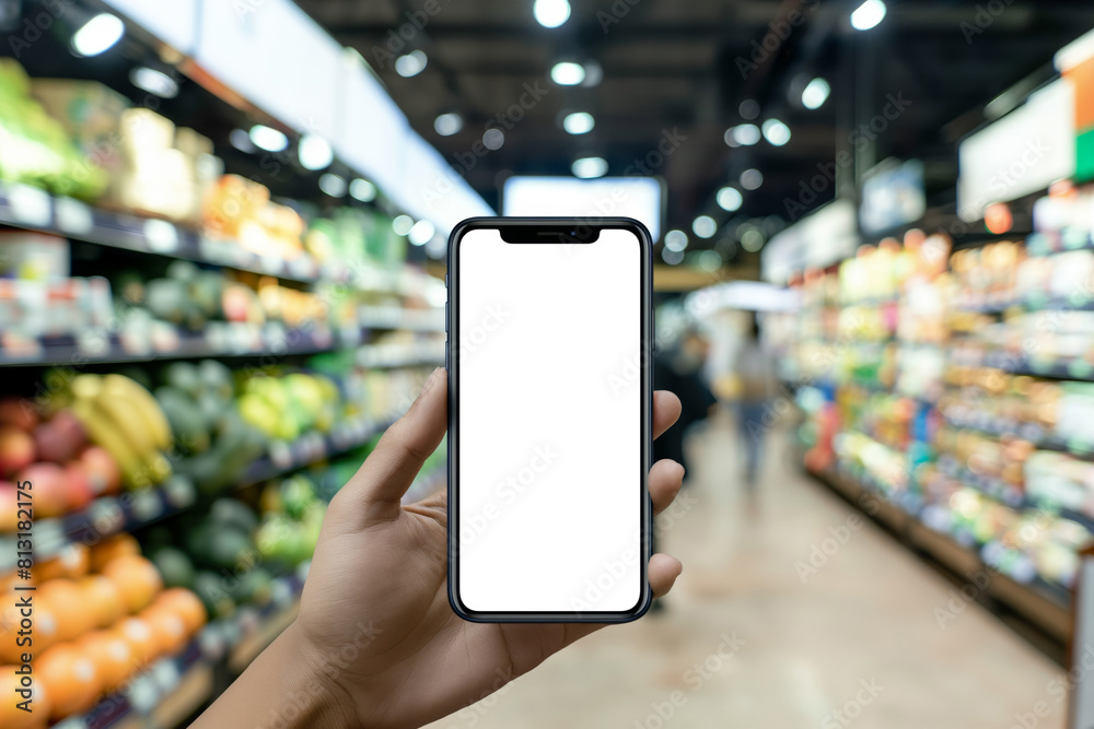 Hand holding phone with blank screen in grocery store Hand holding phone with blank screen in grocery store