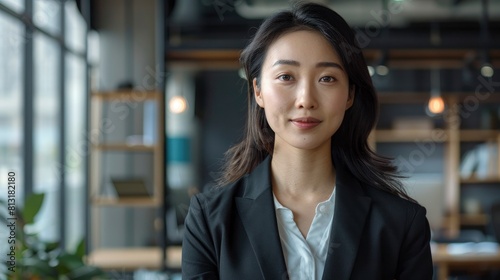 A Confident Asian Businesswoman Works In A Modern Office, Maintaining Eye Contact With The Camera, Exuding Professionalism