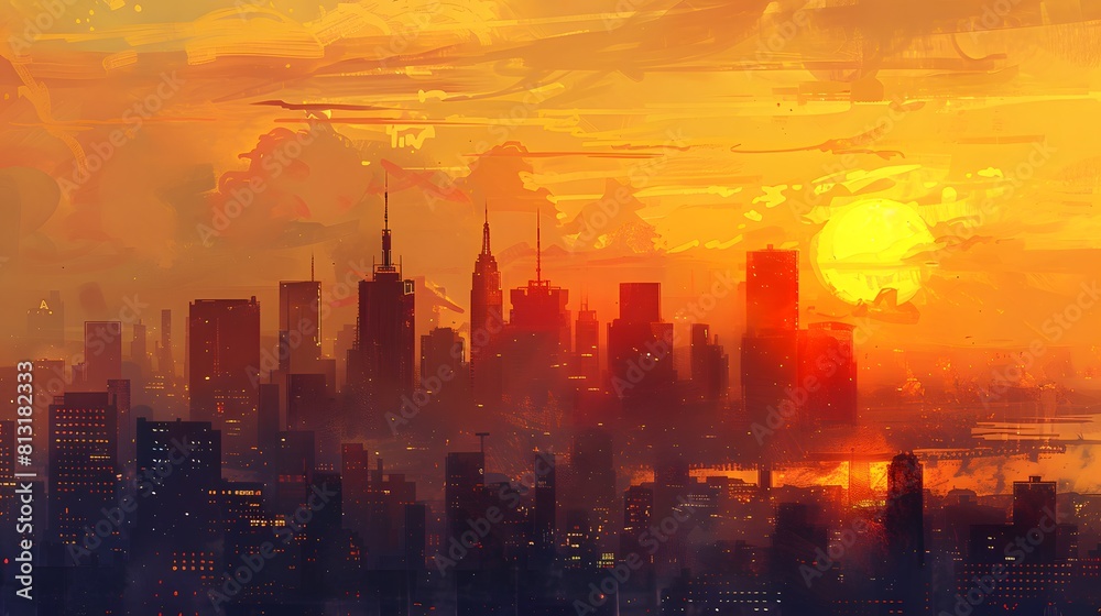 city skyline silhouetted against the golden hues of the setting sun. urban energy and dynamism of the scene city skyline silhouetted against the golden hues of the setting sun. urban energy and dynamism of the scene
