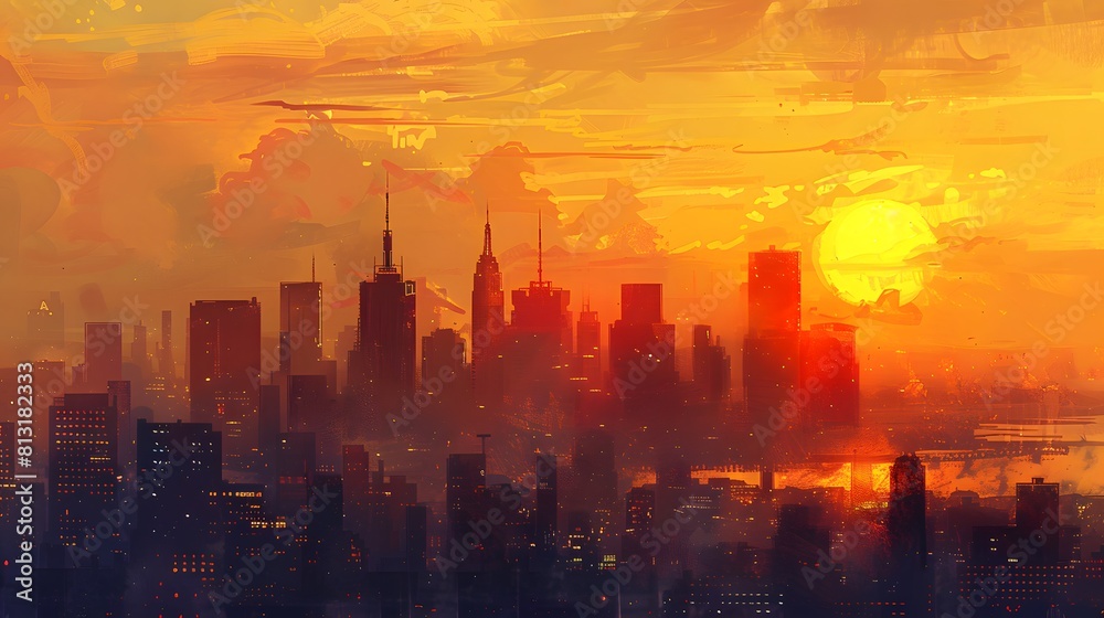 city skyline silhouetted against the golden hues of the setting sun. urban energy and dynamism of the scene