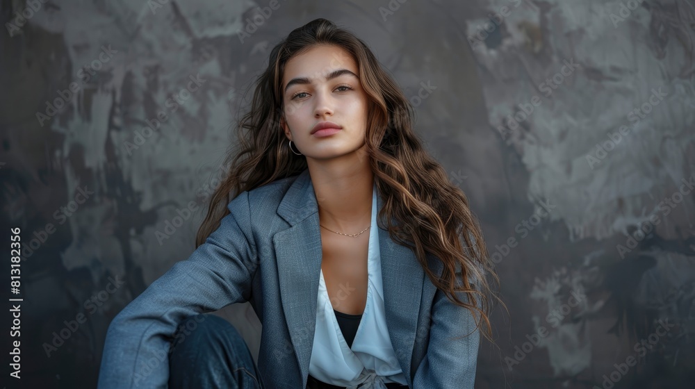 Fototapeta premium A Confident Young Businesswoman Sits On An Isolated Background, Expressing Enthusiasm And Determination