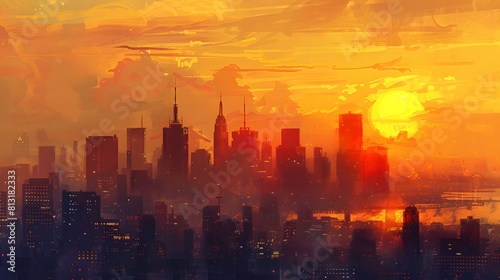 city skyline silhouetted against the golden hues of the setting sun. urban energy and dynamism of the scene