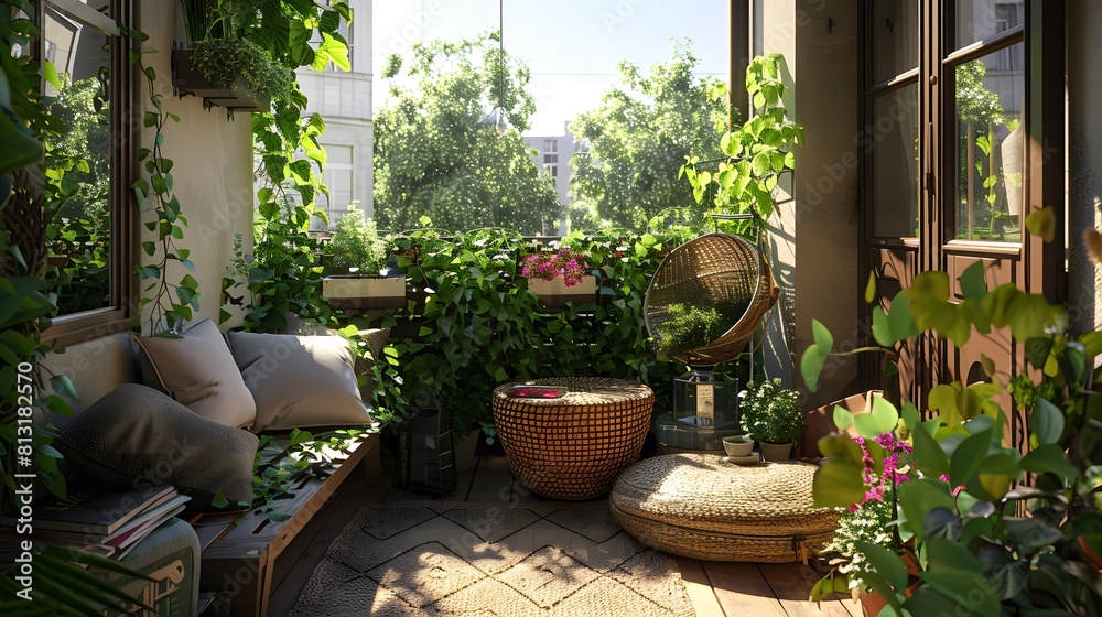 a small balcony becomes a quiet outdoor retreat. with green plant decoration.