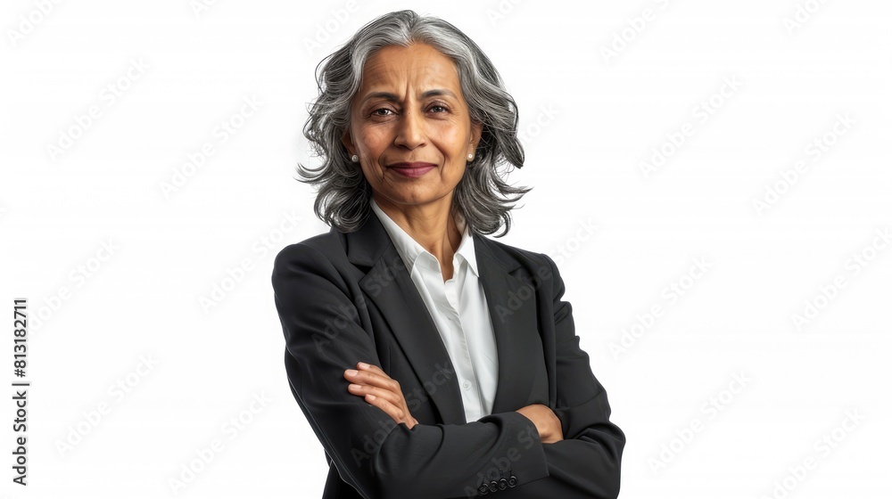 A Happy, Confident Mature Senior Indian Businesswoman In A Suit Stands Isolated, Symbolizing Experience And Leadership A Happy, Confident Mature Senior Indian Businesswoman In A Suit Stands Isolated, Symbolizing Experience And Leadership