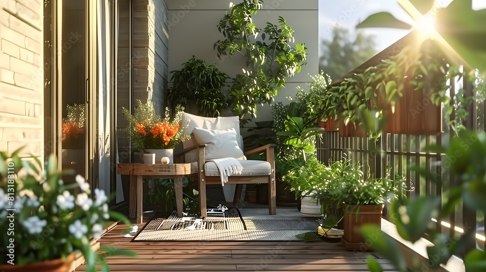 Tiny balcony transforms into serene outdoor oasis, adorned with lush green plants. Tiny balcony transforms into serene outdoor oasis, adorned with lush green plants.