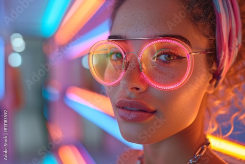 The image showcases a woman's profile with hoop earrings set against a backdrop of vibrant neon lights