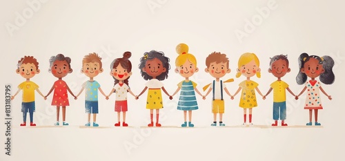 illustration of happy multiethnic children holding hands and smiling