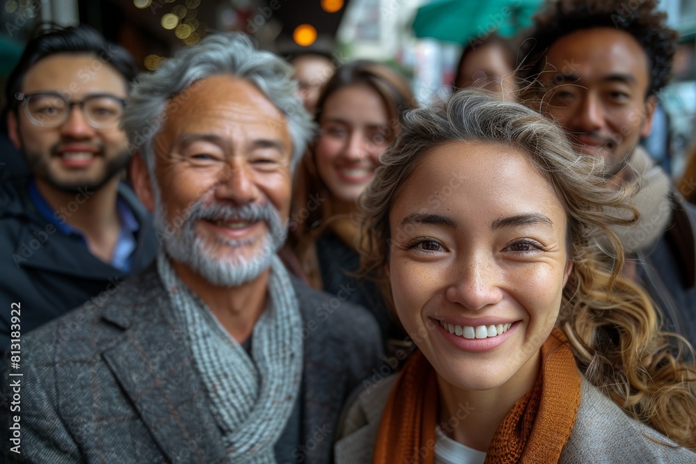 A cheerful multiracial group of friends taking a selfie on a busy street, showcasing togetherness and diversity A cheerful multiracial group of friends taking a selfie on a busy street, showcasing togetherness and diversity