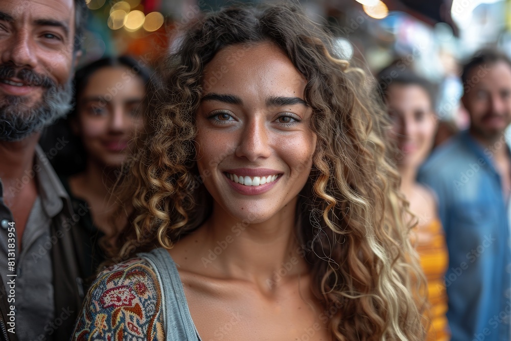 A beautiful woman stands out in a crowd of friends on the street, her smile exuding happiness and warmth