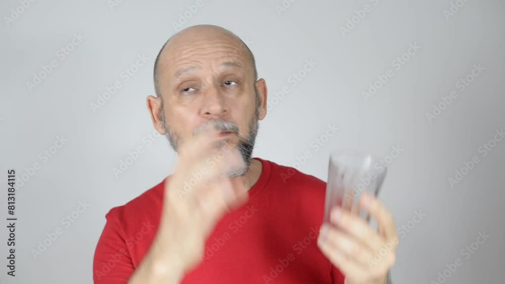 Man in a red shirt, bald and bearded, touching the empty glass cup with the finger of his right hand. Man in a red shirt, bald and bearded, touching the empty glass cup with the finger of his right hand.
