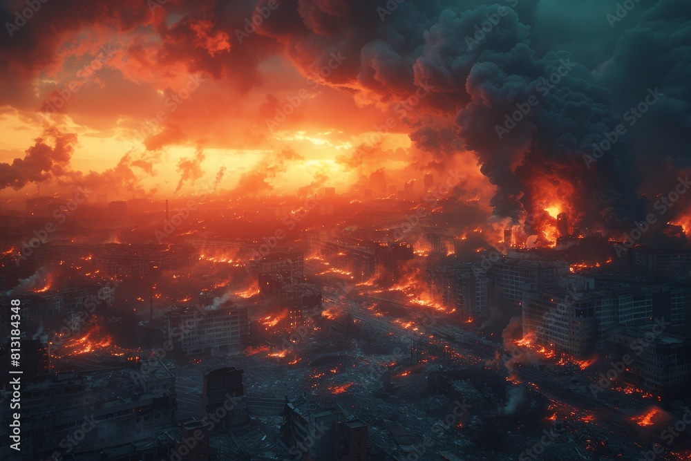 A dramatic vision of a city ablaze, with towering infernos and thick smoke creating a harrowing apocalyptic scene