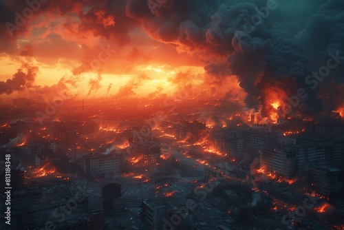 A dramatic vision of a city ablaze  with towering infernos and thick smoke creating a harrowing apocalyptic scene