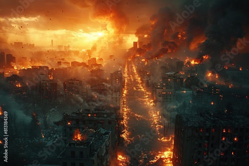 The setting sun casts an eerie glow over a city consumed by fire, accentuating the contrasting beauty and devastation