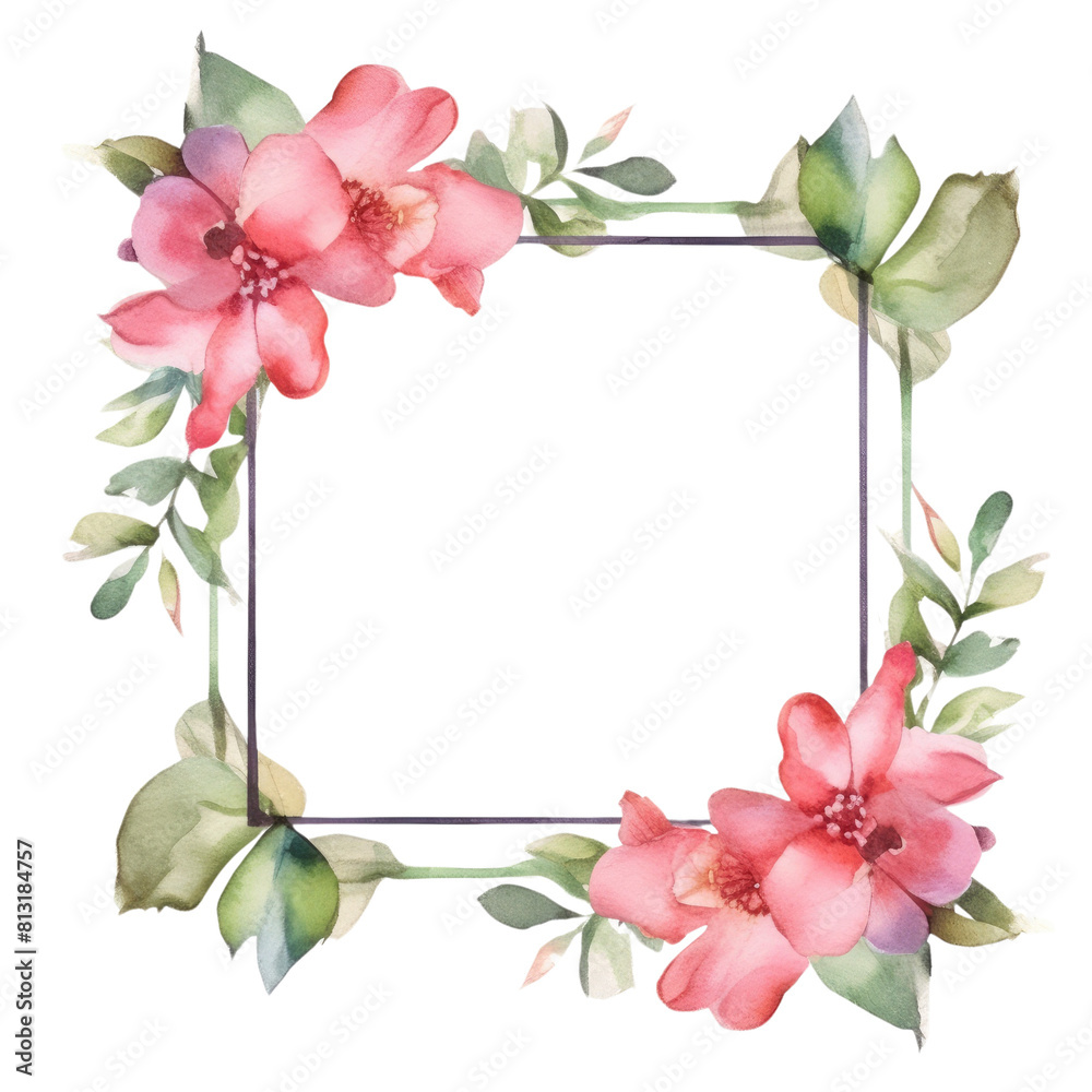 Geometric pastel watercolor frame with pink flowers and green leaves. Hexagon picture frame decorated with pink flower. Modern botany concept for wedding invitation and home decor design. AIG35.