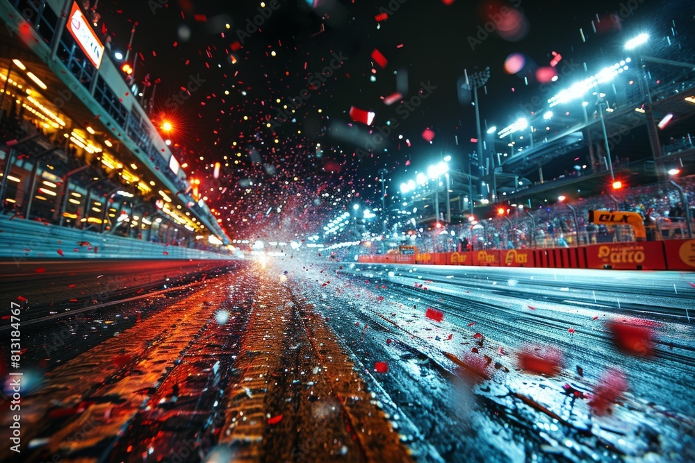 Obraz premium A dynamic image capturing the excitement of a victorious moment with confetti raining over a glowing racing track
