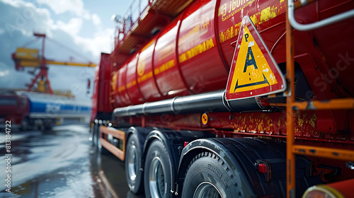 High temperature liquid hazard and miscellaneous hazard label on dangerous goods tank truck photo