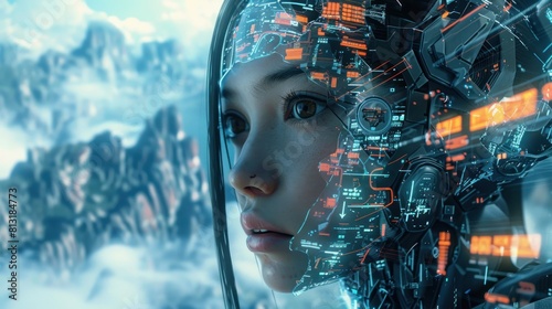 Future cyberpunk technology hybrid cyborg woman with an mountain background wallpaper AI generated image