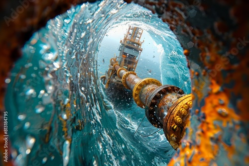 A mesmerizing underwater shot of an offshore oil platform surrounded by swirling sea particles photo