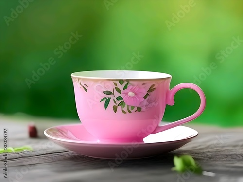 A tea cup and saucer with a floral pattern on the side