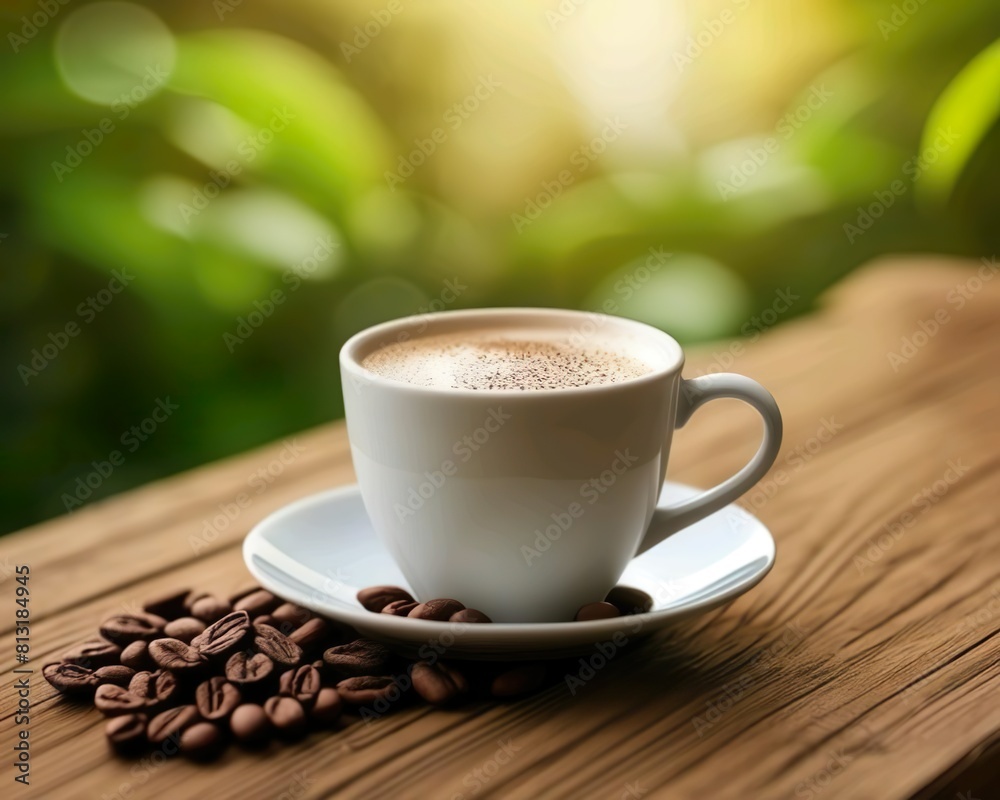 A cup of coffee with a blurred background of green leaves A cup of coffee with a blurred background of green leaves