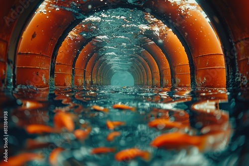 An imaginative underwater view within a corroded, orange pipeline filled with water and small fish photo