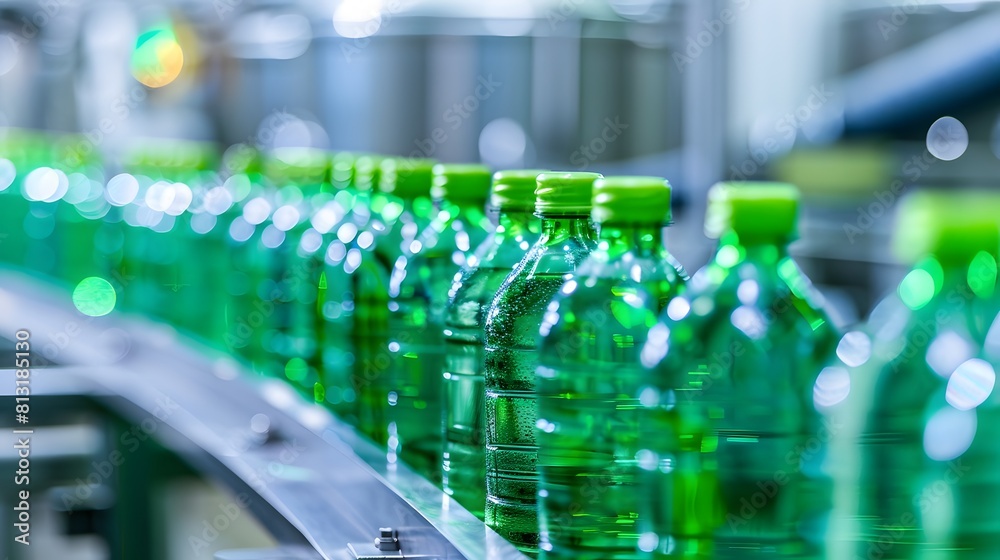 Line of bottling beverages in plastic bottles on clean light factory