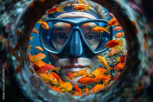 Fisheye lens perspective capturing the dynamic and colorful life surrounding the coral reefs teeming with tropical fish