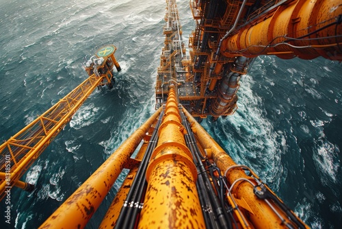 High-angle shot capturing the complexity of an offshore oil rig with pipelines leading into the churning ocean waters below photo