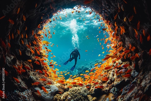 Spectacular view of a diver entering a natural underwater tunnel surrounded by coral and countless orange fish