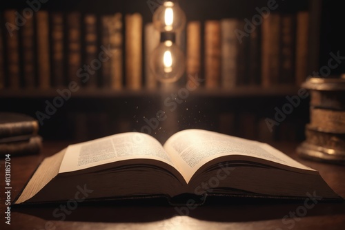 Open Book Bathed in Warm Artificial Light on a Wooden Surface