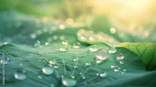 A serene image of water droplets gathering on the surface of a lotus leaf, symbolizing purity and enlightenment in nature.