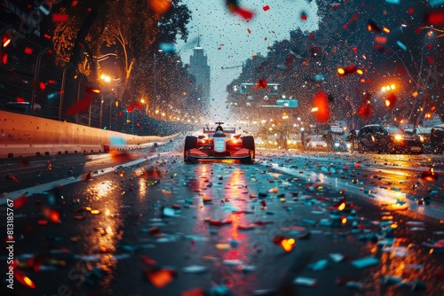 A dramatic night scene of a Formula car racing through a rainy urban track as water splashes and streetlights glow