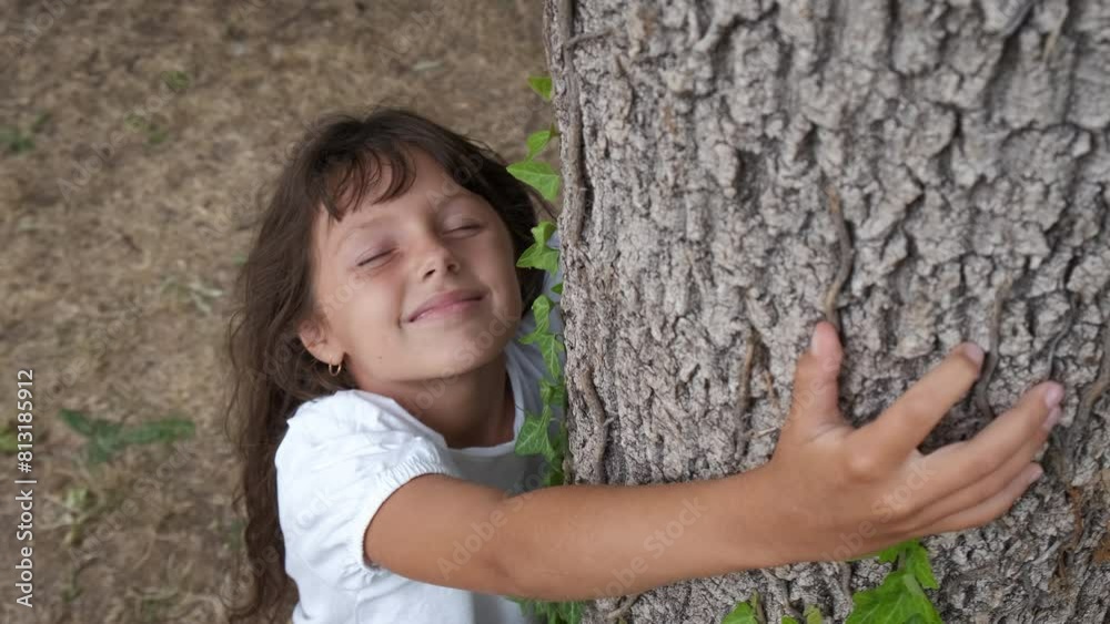 Child looks out from behind the trunk. A joyful little girl look at the tree forest and stay by the tree trunk in the day light. Child looks out from behind the trunk. A joyful little girl look at the tree forest and stay by the tree trunk in the day light.