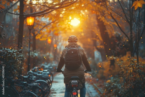 A person riding a bicycle through a park with autumn leaves and sunset backlight, creating a warm atmosphere © Larisa AI