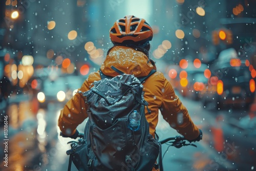 A cyclist in a yellow winter jacket and helmet faces a flurry of snow while riding on a city street at night
