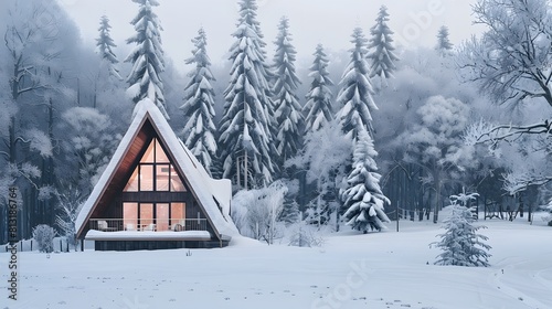 Modern A-frame house cabin in middle of a forest in winter season with house covered in snow © Love Muhammad