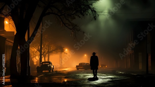 A Tense Noir Encounter Figure in Shadows Under Rainy Streetlight photo
