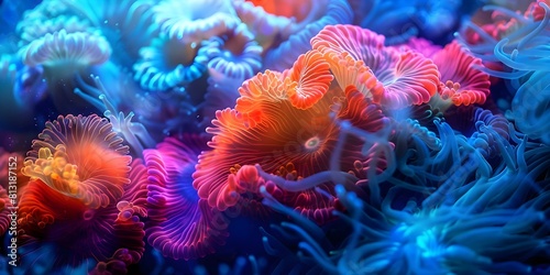 Exploring the colorful underwater world of vibrant neon corals in the deep sea. Concept Underwater Photography, Neon Corals, Deep Sea Exploration, Vibrant Colors