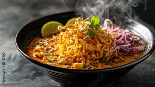A steaming bowl of khao soi, a Northern Thai curry noodle soup, garnished with crispy noodles, lime, and shallots.