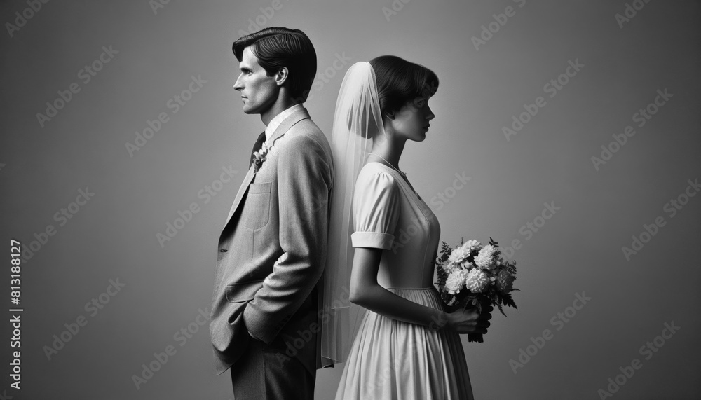 A dramatic black and white portrait of a newlywed couple standing back to back, with the bride holding a bouquet, symbolizing complex emotions.