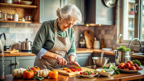 A senior woman with white hair smiles as she skillfully prepares a healthy meal with fresh vegetables in her well-equipped kitchen.