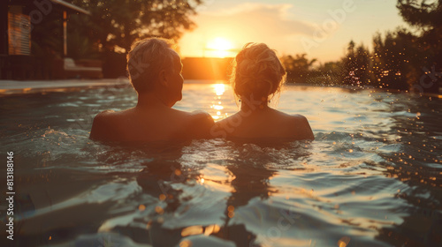  A couple enjoys a tranquil sunset from the comfort of an infinity pool  overlooking a serene landscape  epitomizing relaxation and connection.