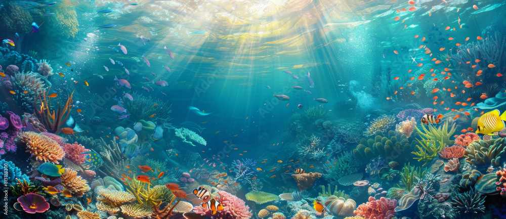 Underwater coral reef landscape with colorful fish and sea life ...