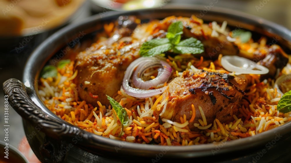 A steaming pot of fragrant biryani rice mixed with tender pieces of chicken, garnished with fried onions and mint leaves. A steaming pot of fragrant biryani rice mixed with tender pieces of chicken, garnished with fried onions and mint leaves.