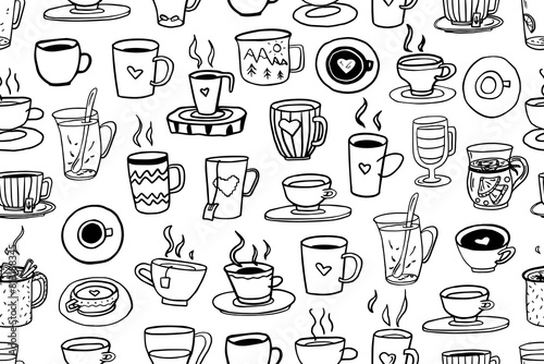 Seamless pattern of cups and mugs in doodle style. I love tea, tea time, coffee time, cup of coffee, mug of tea, travel mug. Mug in hand. Hand drawn. Vector illustration EPS10. Isolated on white 